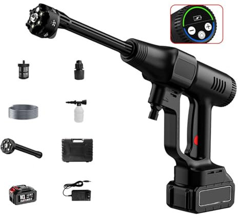 Billg Hidrolimpiadora de Alta Presion Inalámbrica, 2 Niveles Pistola de Agua a Presión Portati, Pantalla LED, Boquilla 6 en 1, Manguera de 5M, 145 PSI Lavadora a Presión Sin Cable con Baterías