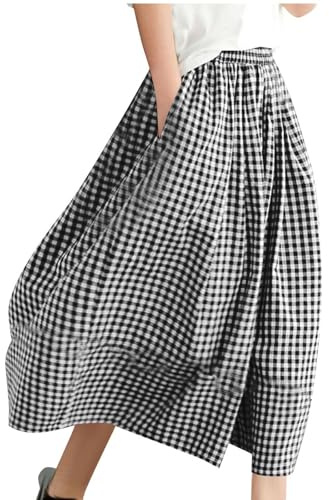 RLEHJN Wide Leg Cropped Trousers for Women UK Sale, Ladies Cotton Linen Trousers Elasticated Waist Checked Printed Palazzo Pants Lightweight Baggy Pants Skirt Casual Bottoms for Spring Summer