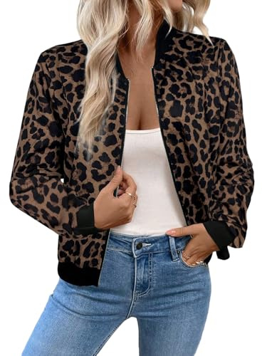 GORGLITTER Damen Jacke Herbst Elegant Jacken mit Leopardenmuster Bomberjacke Leichte Baseball-Kragen Jacken Mit Reißverschluss Übergangsjacke Freizeitjacke Schokoladenbraun M