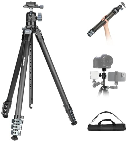NEEWER Trépied de Voyage en Fibre de Carbone de 153,4 cm avec tête sphérique Amovible à 360°, Support léger pour caméra vidéo avec Boucle à Rabat Rapide en métal, Plaque QR de Type Arca