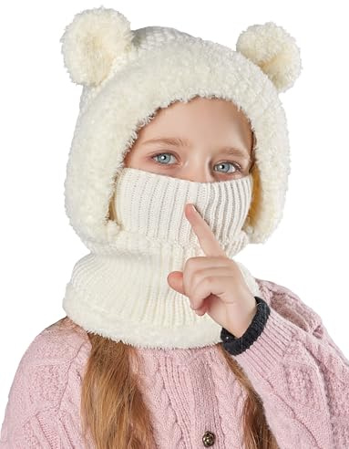SEAUR slip-mössa flicka 4–10 år fodrad stickad mössa för barn, halsduk för barn, balaclava vintermössa, söt björn, Vit, 4-10 år