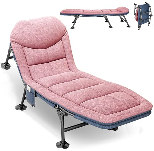 HavenGlide Campingbett Feldbett Klappbar mit 5-Fach Verstellbarer Rückenlehne, 190x65cm bis 200 kg, Campingliege Karpfenliege mit Matratze, Klappbett Gästebett Faltbar Outdoor Garten Camping (Rosa)