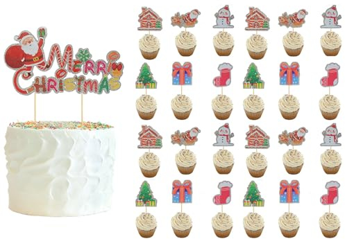 Fyfjur Tortendeko Weihnachten, 25 Stück Geburtstagsdeko Cupcake Muffin Deko, Tortendekoration Weihnachten, Merry Christmas Tortendeko für Party Dekoration Zubehör