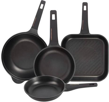 Juego de 2 Sartenes Ø20Ø24cm + Sartén Grill 28x28cm + Wok Ø30cm en aluminio fundido color Negro Copper Bergner