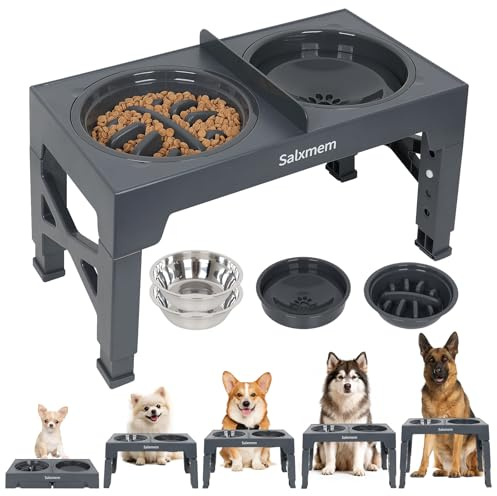 Raised Dog Bowl with 4 Bowls, 5 Adjustable Heights Dog Bowls with Stand | Dog Feeding Station with Slow Feeder & Non-Spill Slow Water, 2Stainless Bowls, Elevated Dog Bowls for Small Medium Large Dogs