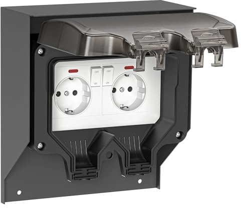 ledscom.de Steckdose POXO für außen, IP65, 2-fach, Edelstahl, anthrazit/schwarz, eckig, 20 cm
