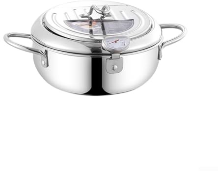 Pentola per friggitrice in acciaio inox con coperchio, griglia rimovibile per drenare l'olio in eccesso e termometro per temperatura, progettata per varie fonti di fuoco (304+20 cm)
