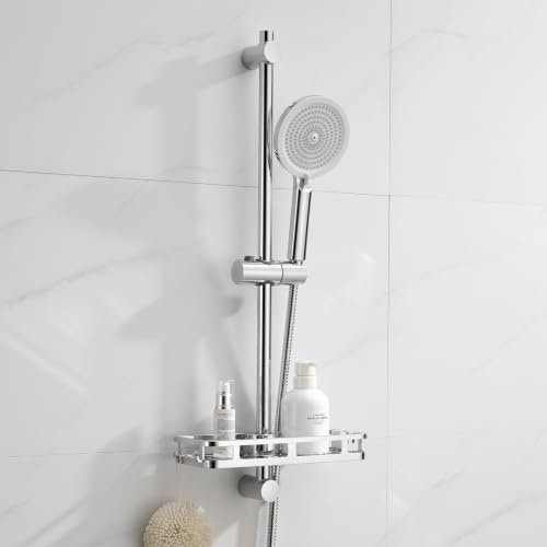 Auralum Barra de Ducha con Alcachofa Antical 4 Modos, Columna de ducha Acero Inoxidable de Regulable 70 cm, Flexo Antitorsión 1.5 m y Estante sin Taladro para Organizar el Baño, Cromo