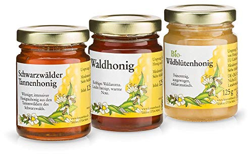 Sanct Bernhard Honig Probierset mit Waldhonig, Bio-Wildblütenhonig, Schwarzwälder Tannenhonig, naturbelassene Honigspezialitäten - 3 Gläser à 125 g