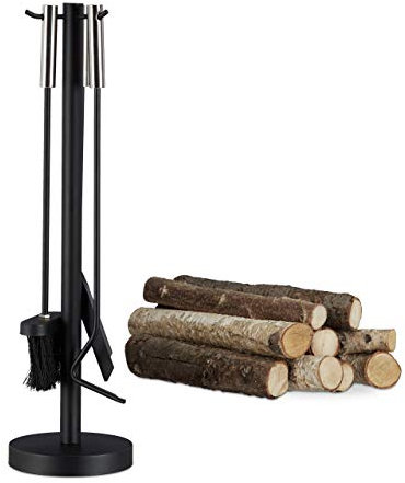 Relaxdays Set da 4 Accessori per Camino e Stufa, Attizzatoio, Paletta Raccogli Cenere, Scopino e Supporto, Moderno, Nero