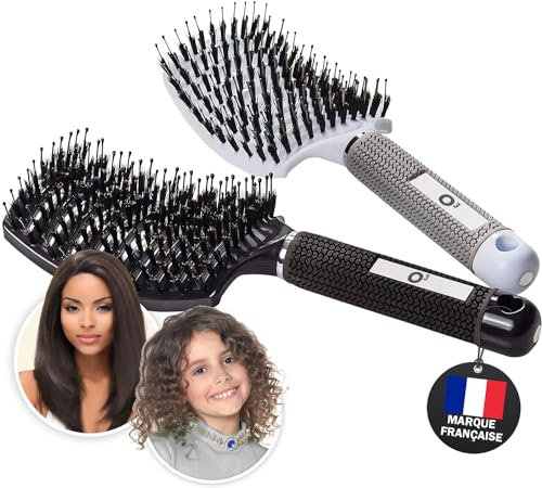 O³ Brosse Poil de Sanglier- 2 Brosses à Cheveux - Démélant Cheveux 100% Naturel