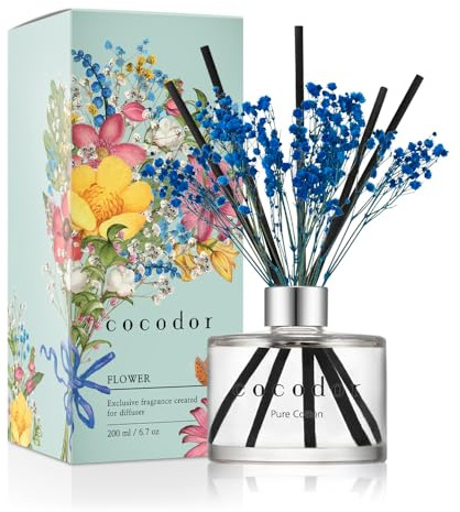 [COCODOR/Pure Cotton] Flower Reed diffusers Oil with a Set of 5 Fiber Sticks, 200ml, Best for Home, Kitchen, Bathroom. Diffusers with sticks