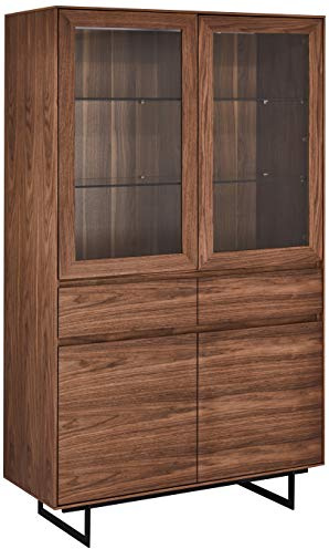 Ibbe Design Nussbaum Vitrine MDF Walnuss Furnier Vitrineschrank Tokyo med LED und Glastüren und 4 Schubladen, Schwarz Metall Gestell, 110x45x190 cm