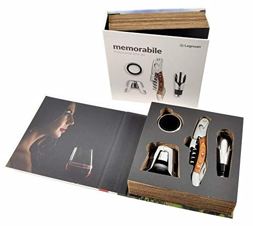 Legnoart Memorabile 4-teiliges Profi-Wein-Set Weinöffner, Champagnerverschluss, Tropfkragen, Weinausgießer