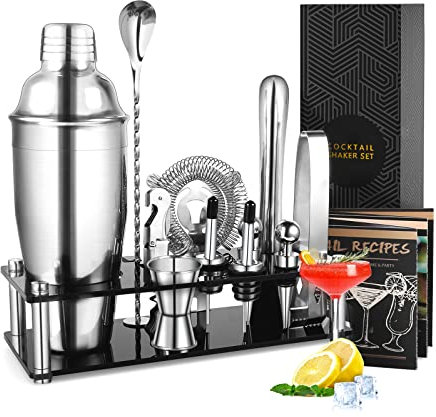 Juego de coctelera Homeasy de 13 piezas de accesorios profesionales de acero inoxidable para cócteles con soporte, recetas y accesorios de barra para bares y eventos al aire libre