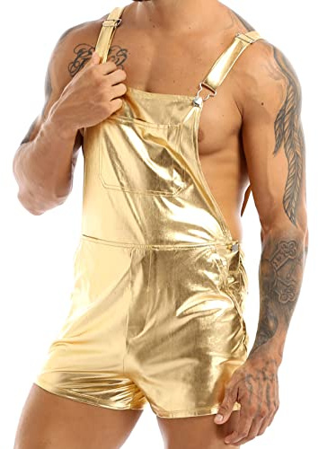 renvena Mens Shiny Metallic Dungarees Bib Overalls Suspender Shorts Hot Pants Dance Party Club Fancy Dress