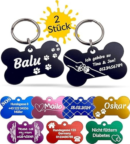 Unikat Branding | Hundemarke personalisiert im Doppelpack, Erkennungsmarke für Hunde & Katzen, beidseitig gravierbar mit Name, Telefonnummer & Adresse, Adressanhänger | Knochen