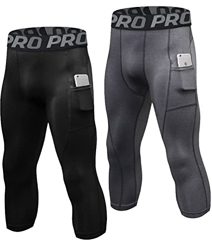 LNFINTDO 2er-Pack Herren 3/4 Kompressionshose Sport Legging mit Taschen | Schnelltrocknende Lauftights,Männer Sportleggings,Atmungsaktiv Radler Tights,Ideal für Laufsport Fitness Gym Joggen Training