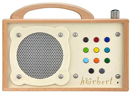 hörbert Boîte à musique pour enfants pré-jouée avec du contenu international - En bois avec 9 playlists - Avec microphone, radio Internet, haut-parleur Bluetooth, minuterie de mise en veille et carte