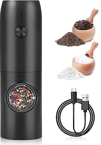 Electric Salt and Pepper Grinder, Rechargeable Pepper Grinder with USB Cable, LED Light, Ceramic Grinder, Automatic Pepper and Salt Mill Refillable, Adjustable Coarseness, One Hand Operation