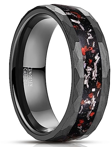 NUNCAD Bague Anneau Homme Rouge et Noir, Alliance Vintage en Tungstène avec Incrustation de Météorites et Os de Dinosaures, 8mm
