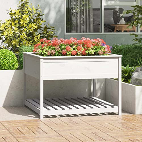 Higsose Jardinière et Etagère Blanc 111,5x111,5x81cm Bois Massif de Pin Jardiniere Treillis Jardiniere Exterieur Jardiniere Rectangulaire Jardinère en Bois Jardiniere Balcon Jardiniere Bois