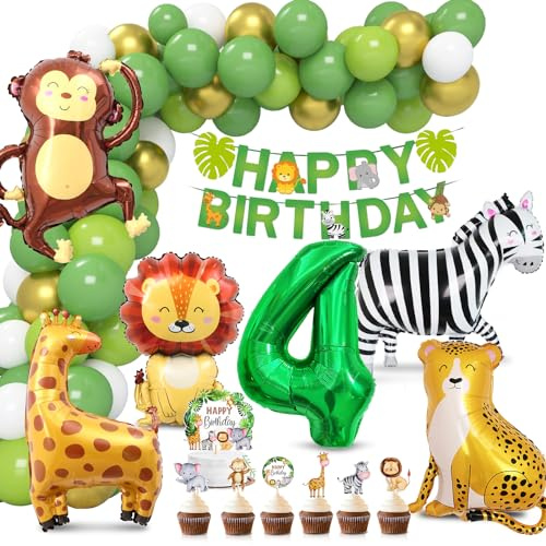 Dschungel Deko 4 Geburtstag, Luftballon 4. Geburtstag, Folienballon Waldtiere, Geburtstagsdeko Wilde Tiere, Ballons Grün Tortendeko Tiere, Safari Geburtstagsdeko für Mädchen Junge