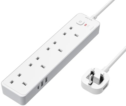 Mscien 1.8M Extension Lead with USB Slots, 4 Way Surge Protected Heavy Duty, UK Power Strips Wall Mount with 2M Extension Cable Cord, 4 Plug Extension Socket with 2 Metres, 3250W