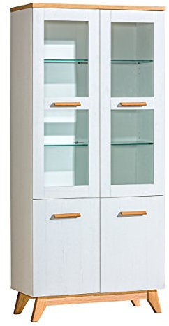 MINIO go for it - Glasvitrine Stehend Seven, Vitrinenschrank Wohnzimmer 85 cm, Romantischen Stils Glas Vitrinenschrank, Schrank mit Glastüren - Nash Eiche/Anndersen Kiefer Farbe
