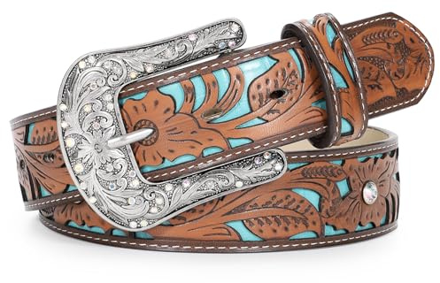 XZQTIVE Frauen Echtes Leder Gürtel Vintage Damen Western Gürtel Gravierte Tooled Ledergürtel Cowgirl Land Gürtel für Jeans Hosen Kleider
