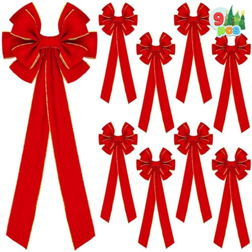 JOYIN 9 große rote Samt-Weihnachtsschleifen, 76 x 27 cm, große Weihnachtsschleifen für Kränze im Freien, riesige Samtschleifen für Weihnachtsbaumdekoration, Innen- und Außenbereich,