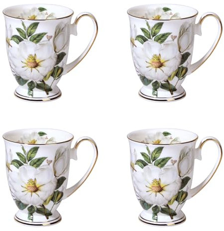 MIATTCLD Porcelain Mugs Set of 4, 11 oz/312 ml Bone China Floral Coffee Tea Water Cup for Latte, Hot Tea, Cappuccino, Holidays and Housewarming Gift