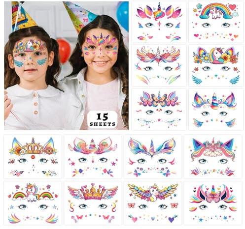 15 Blätter Einhorn Gesichts Tattoos, Rosa Aufkleber für Kinder, Mädchen Cosplay für Einhornparty, Karneval, Kindergeburtstag