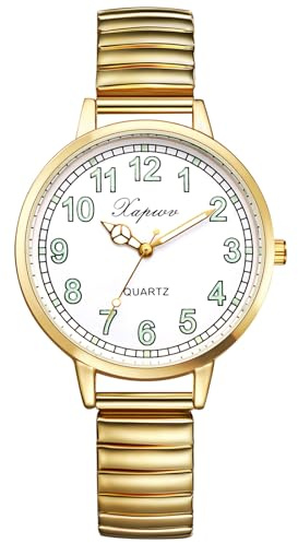 Oidea Women's Stretch Band Watches: Large Face Clear Arabic Numerals Elastic Strap Analog Quartz Wrist Watch Easy Read Luminous Watch Casual Business Dress Ladies Watches Gifts, Gold
