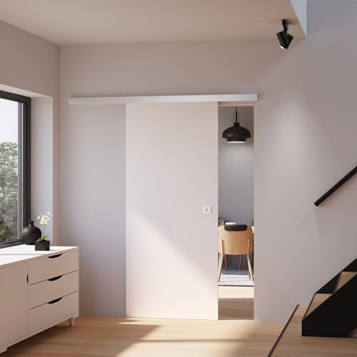 inova Holz-Schiebetür 900 x 2150 x 25 mm Vollspan weiß Alu Komplettset mit Lauf-Schiene und Quadratgriff