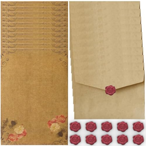 Vintage Carta da Lettere con Busta, Carta da Lettere Decorata Busta Kraft, 10 Buste di Carta Vintage, 16 Carta Vintage Carta da Lettere e 10 Adesivo Sigilli di Cera, per Scrivere e Disegni (Style C)