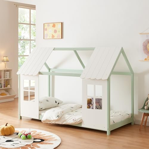 [en.casa] Kinderbett Tostedt Hausbett Jugendbett Bettenhaus Spielbett Halboffenes Design Montessori Bett aus massiver Kiefer Bettgestell Holz 90x200cm Mintgrün/Weiß