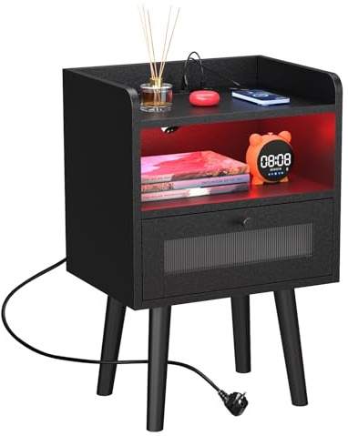 PIPIPOXER Comodino LED con presa e USB, comodino nero con 1 cassetto, comodino con luce RGB a 16 colori, comodino per camera da letto, soggiorno, 40 x 30 x 60 cm