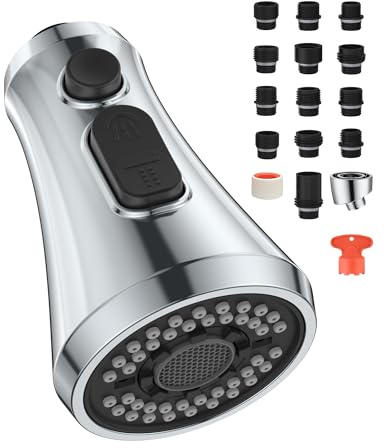 Mbillion Kitchen Faucet Head Replacement 3 Modes Polished Chrome Pull Down Sprayer Head Replacement with 14 Adapters Kitchen Sink Faucet Head (Polished Chrome)
