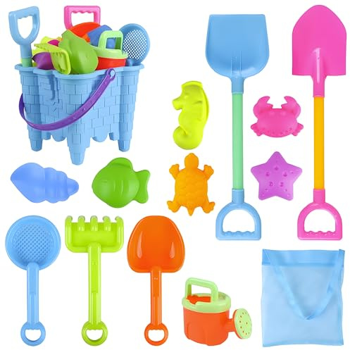 KUDLE 13 Stück Strand Sandspielzeug Set mit Muldenkipper Eimer Netzbeutel Sandformen Spielzeug Strand für Kinder Jungen Mädchen