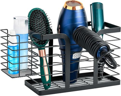 SGerste Haartrocknerhalter aus Metall zur Wandmontage mit selbstklebenden Pads - Styling Tools Organizer für Haarbürsten, Glätteisen & Lockenstäbe (Schwarz)