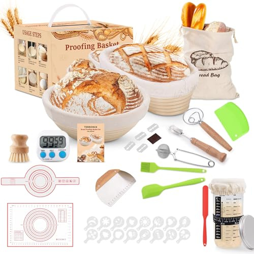 Yewhick Complete Sourdough Starter Kit, 10 Oval and 9 Round Banneton Bread Proofing Basket with Glass Sourdough Starter Jar, Sourdough Bread Baking Supplies Kit Gifts for Bakers Women Wife Mom