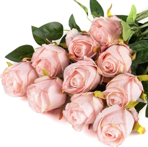 LEUCHTAMOR 10 Stück künstliche Rosen, rosa künstliche Rosen, langer Stiel, Seidenrosen für Zuhause, Hochzeit, Blumenstrauß, Party-Dekoration