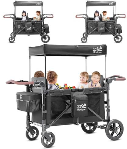 Bollerwagen Kinder 4 Sitzer,Premium Handwagen faltbar mit Dach Kinderwagen Baby-Bollerwagen mit Dach,abnehmbarem Tablett,5-Punkt-Gurt,verstellbarem Griff,hohem Sitz und großem Stauraum, schwarz