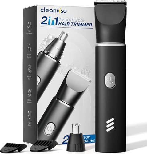 Body Hair Trimmer Men, 2-in-1 Grooming Kit, Ball Trimmer with Nose Hair Trimmer, Replaceable Ceramic Blade Heads for Men for Legs, Chest, Armpit and Nose, 2 Sensitive Combs, Waterproof, Travel Lock