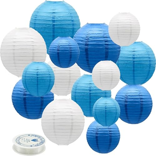 Xiyocadt 15 Stück Papier Lampions Set, Papierlampion mit Aufhängeschnur, Hängende Papierlaternen für Hochzeit, Babyparty, Geburtstag (Blau)