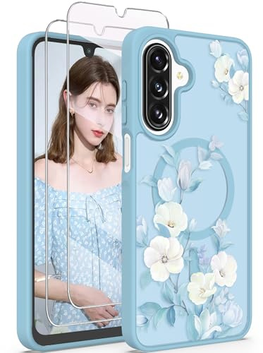 Yucenx for Samsung Galaxy A17 5G Floral Phone Case with 2X Screen Protector, Military Grade Magnetic Translucent Matte Girls Women Flower Pattern Protective Cover for A17 5G (Blue)