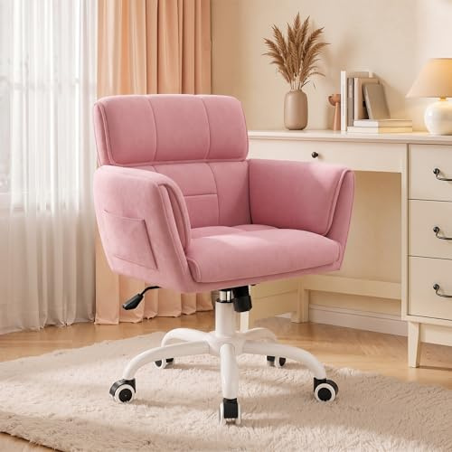 Klyvvo Schreibtischstuhl mit neigbarer Rückenlehne & Armlehnen, Schminktisch Stuhl mit Samtbezug, höhenverstellbar & 360° Drehfunktion, 150 kg, ergonomischer Bürostuhl, Homeoffice, Schlafzimmer, Rosa