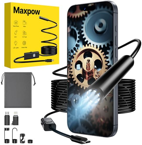 Maxpow Endoskopkamera mit Licht –1920 HD 8 LED Licht Wasserdicht IP67 Endoskop Kamera Handy für Android iOS, 5m Semi-Rigid Kabel Inspektionskamera für Autoreparatur, Lüftungsrohre, Kanalinspektion
