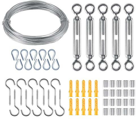 30M GardenWire Rope Kit for Climbing Plants 2mm Stainless Steel Heavy Duty Vine Trellis Support System with Turnbuckles Hooks Thimbles &Aluminium Sleeves for Outdoor Plant Training and Hanging Lights